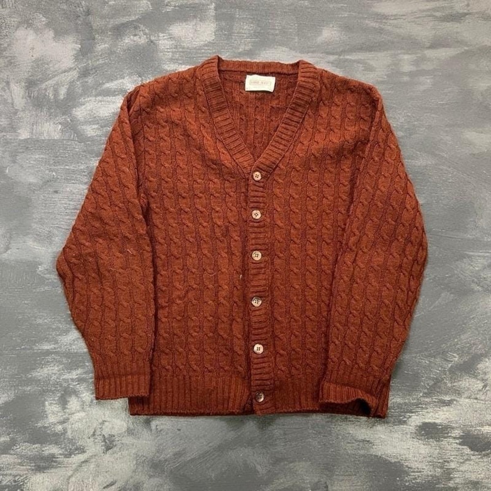 Vintage Lord‎ Jeff Cardigan Sweater Mens Large Brown 1970s Wool Cable Knit